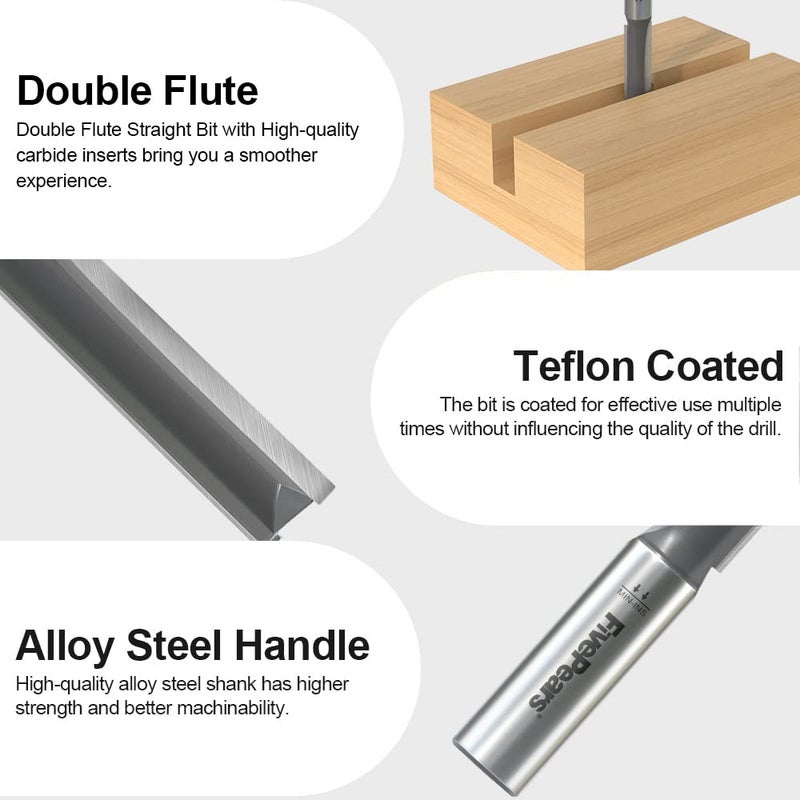 FIVEPEARS Straight Router Bits 1/2 Inch Shank Double Flute, 1/2 Inch Cutting Diameter, 2-1/2 Inch Cutting Length, Used for Create Groove, Dado or Hollow - Image 4